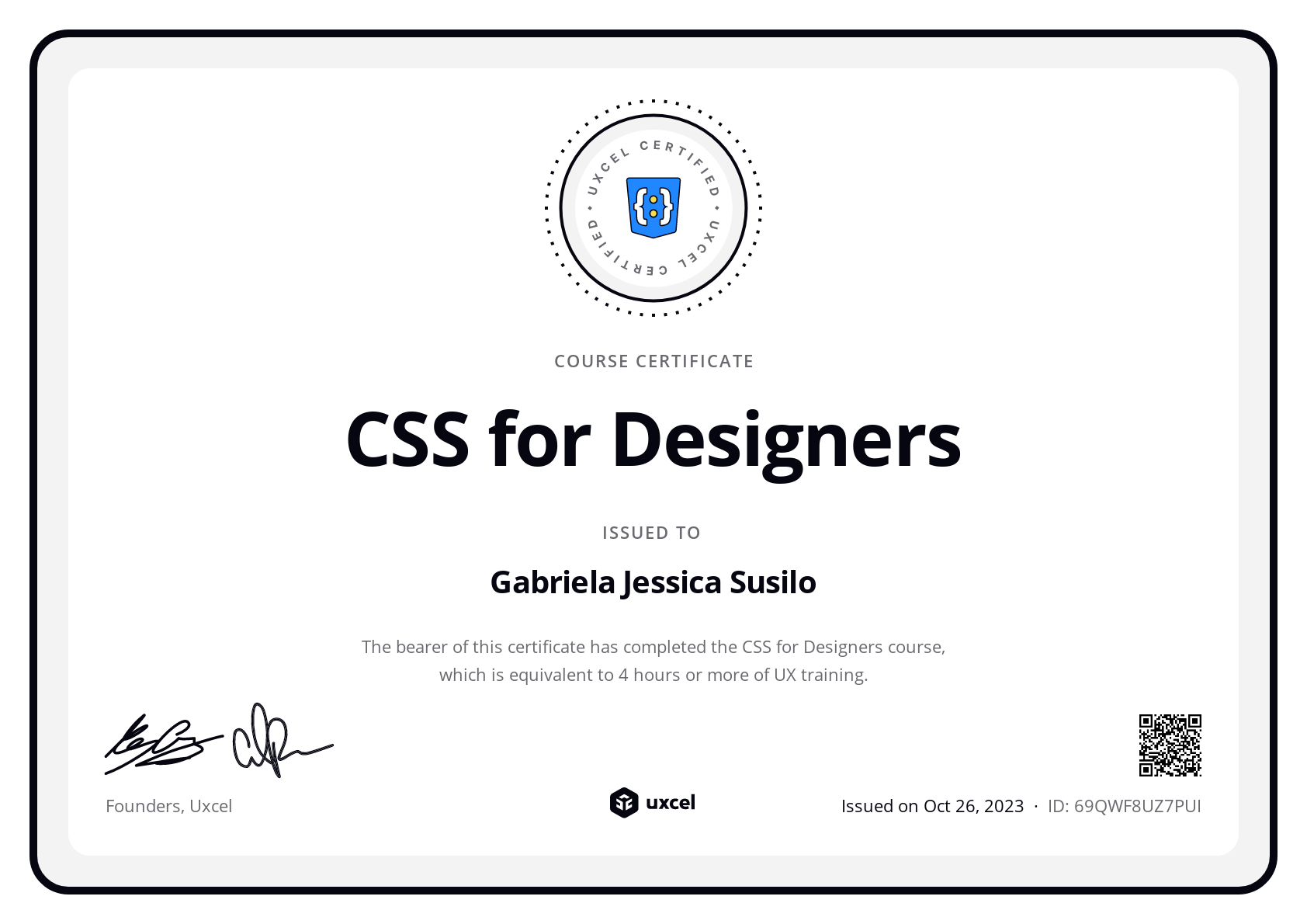 Gabriela Jessica Susilo's certificate